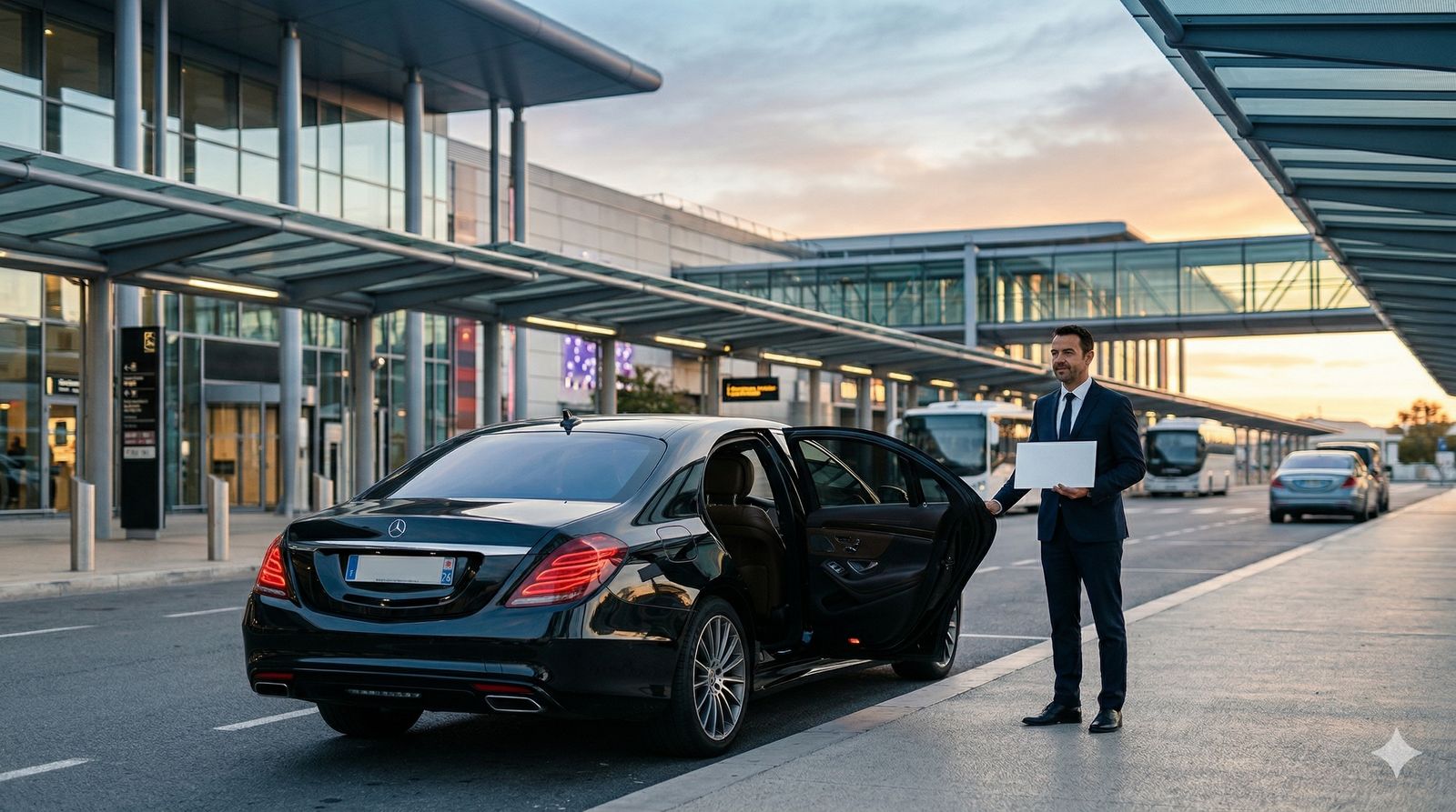 Chauffeur privé en costume accueillant un client professionnel avec pancarte