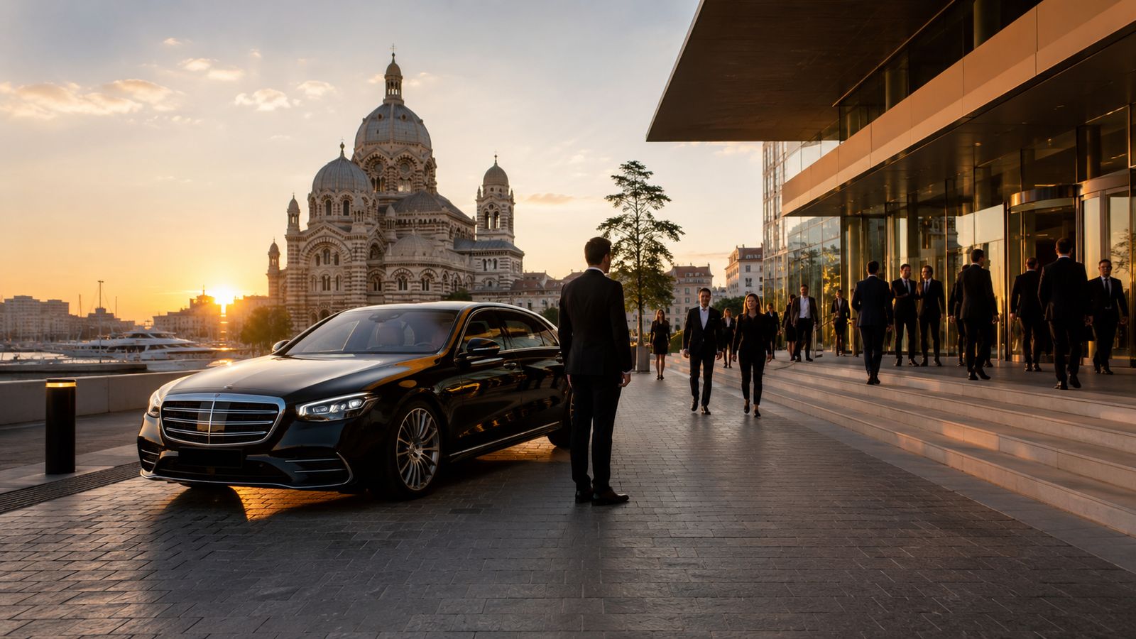 Berline noire avec chauffeur privé devant la cathédrale de la Major à Marseille