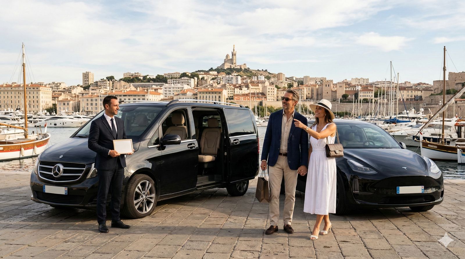 Chauffeur privé accueillant des croisiéristes au Vieux-Port de Marseille