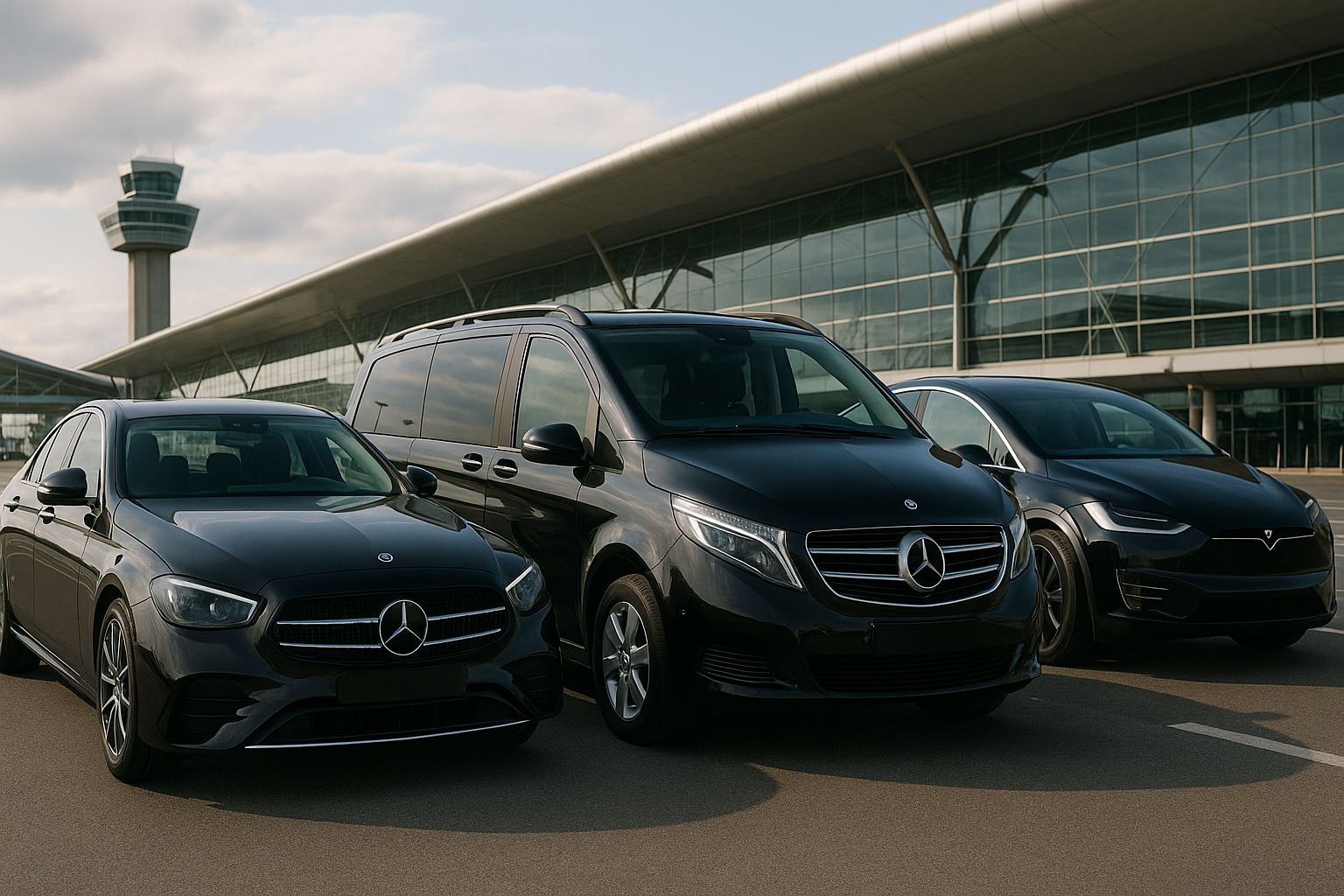 Berline, van et Tesla de chauffeur privé devant un aéroport