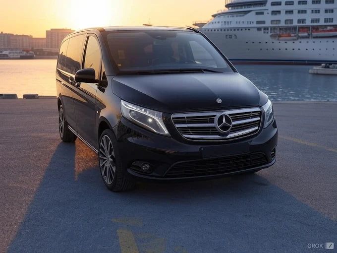 Van Mercedes noir pour transferts familles et bagages à Marseille