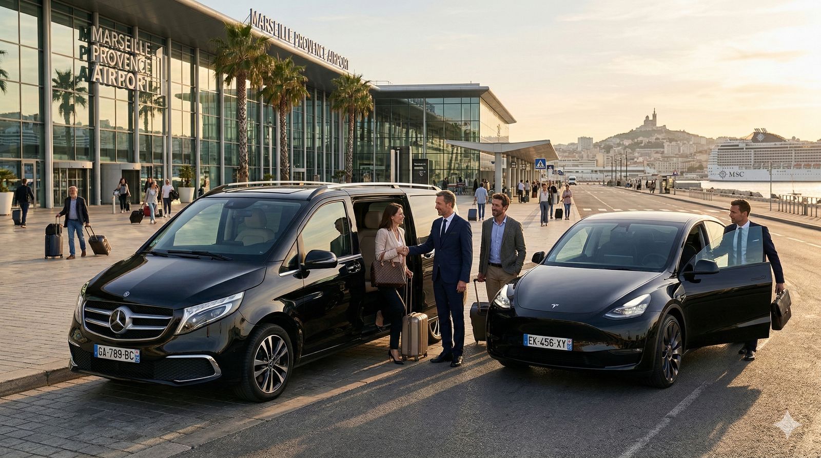 Chauffeur privé accueillant des voyageurs devant l’aéroport Marseille Provence
